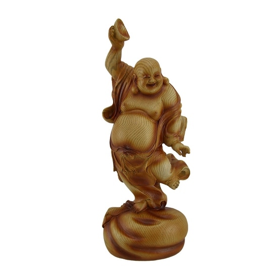 Happy Buddha Dancing On Wealth Bag Holding Bowl Wood Look Statue - 11.5 X 4.25 X 3.5 inches