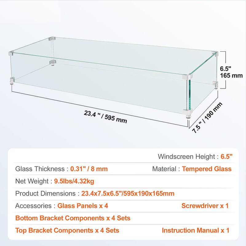 Tempered Glass Wind Guard for Rectangular Fire Pit Table