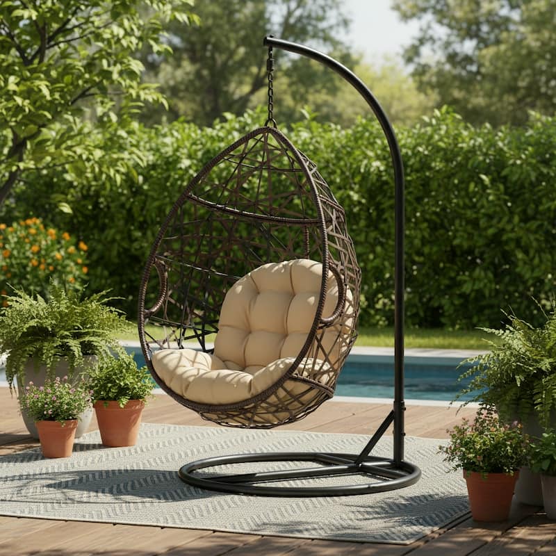 Cayuse Outdoor Wicker Hanging Tear Drop Chair by Christopher Knight Home - Brown + Black
