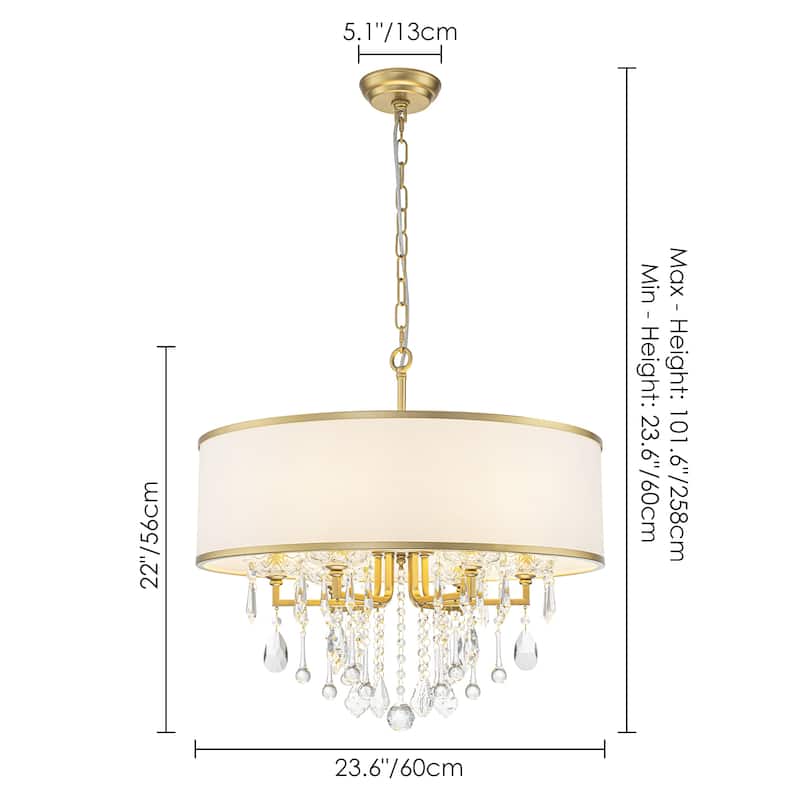 6-Light Modern Elegant Gold Drum Fabric Shade Adjustable Height with Crystal Accent Chandelier for Dining Room & Bedroom