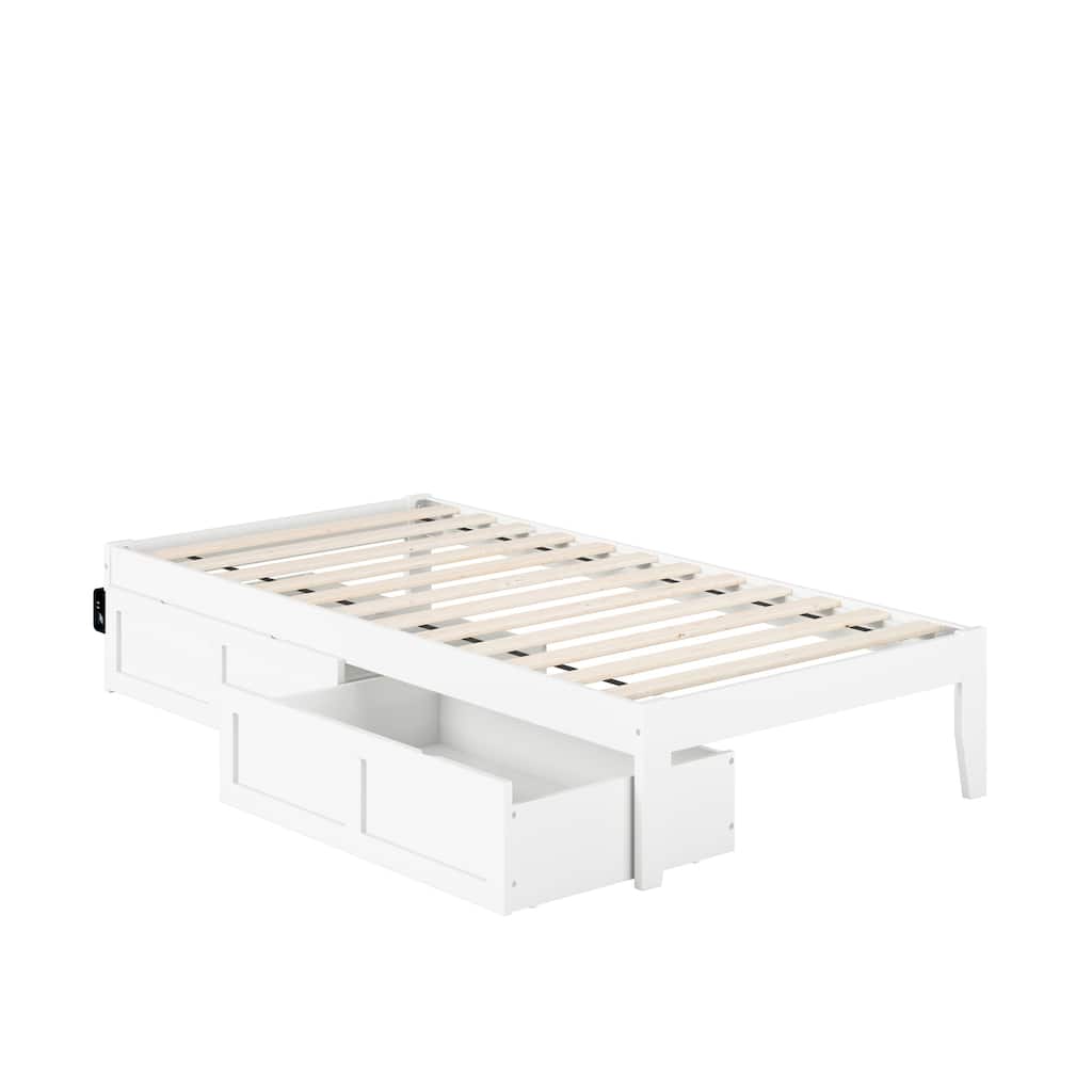 Twin Bed with USB Charger & Drawers - Modern Design, White, Slat Kit Included, 76" x 38"