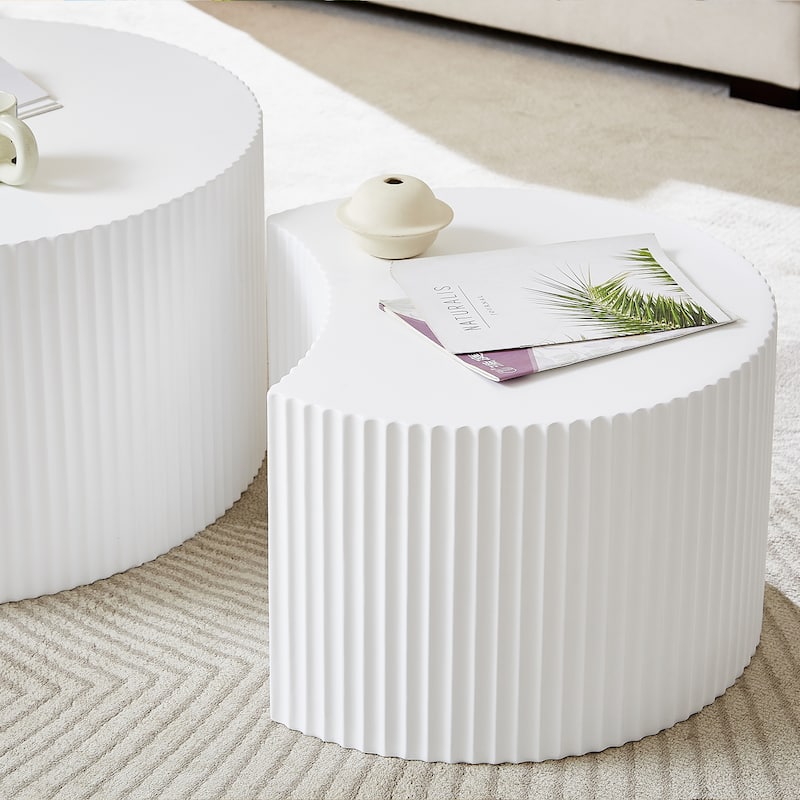Modern Coffee Table, White Table Set of 2 with Hand-Carved Relief, for Living Room, Office and Leisure Area