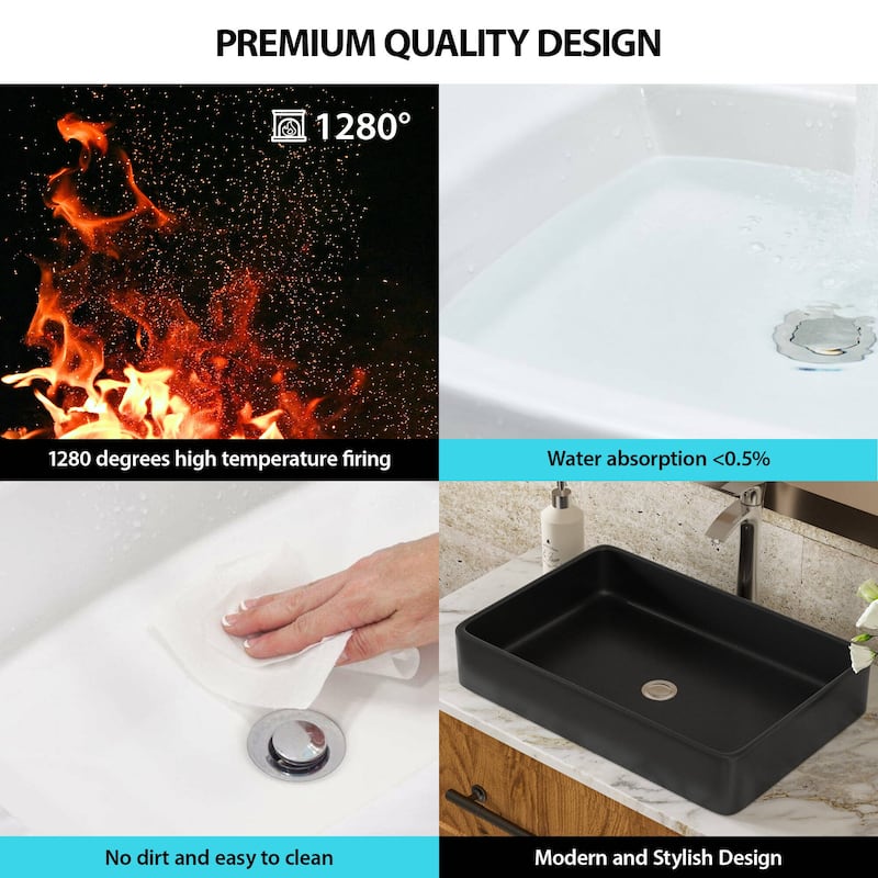Dornberg 24"x16" Black Ceramic Rectangular Vessel Bathroom Sink