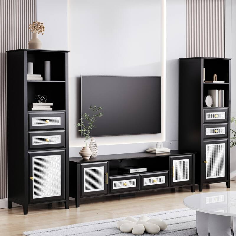 Black Rattan TV Stand Sets with TV Console and 2 Tall Cabinets - 102.10" x 15.70" x 63.00" - Black