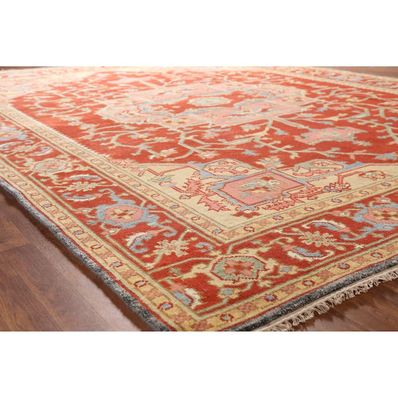 Heriz Serapi Indian Area Rug Handmade Orange Wool Carpet - 8'11" x 11'9" - 8'11" x 11'9" - Orange