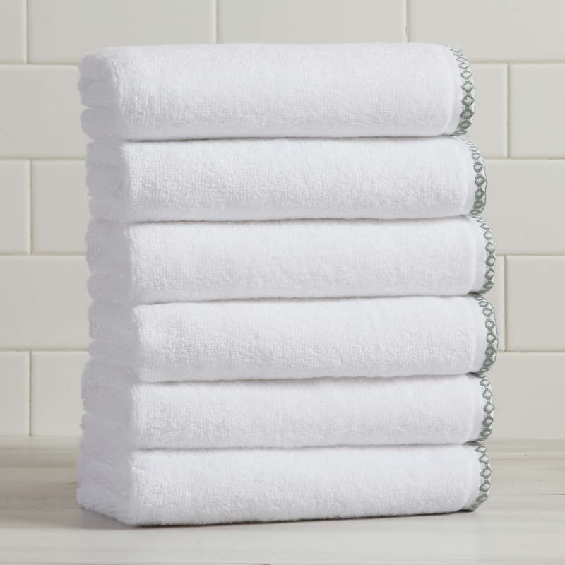 Linery & Co. Quick-Dry Cotton and Decorative Border Towel Set - Hand Towel (Pack of 6) - White / Eucalyptus