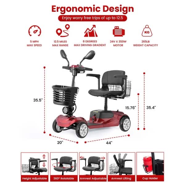 dimension image slide 0 of 3, Folding Portable Mobility Scooter，Long-Range Battery Motorized Scooter for Seniors - N/A