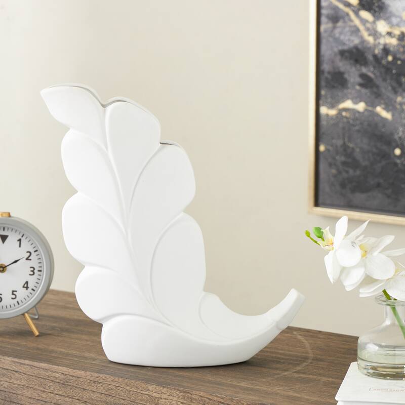 White Ceramic Slanted Leaf Decorative Vase - White