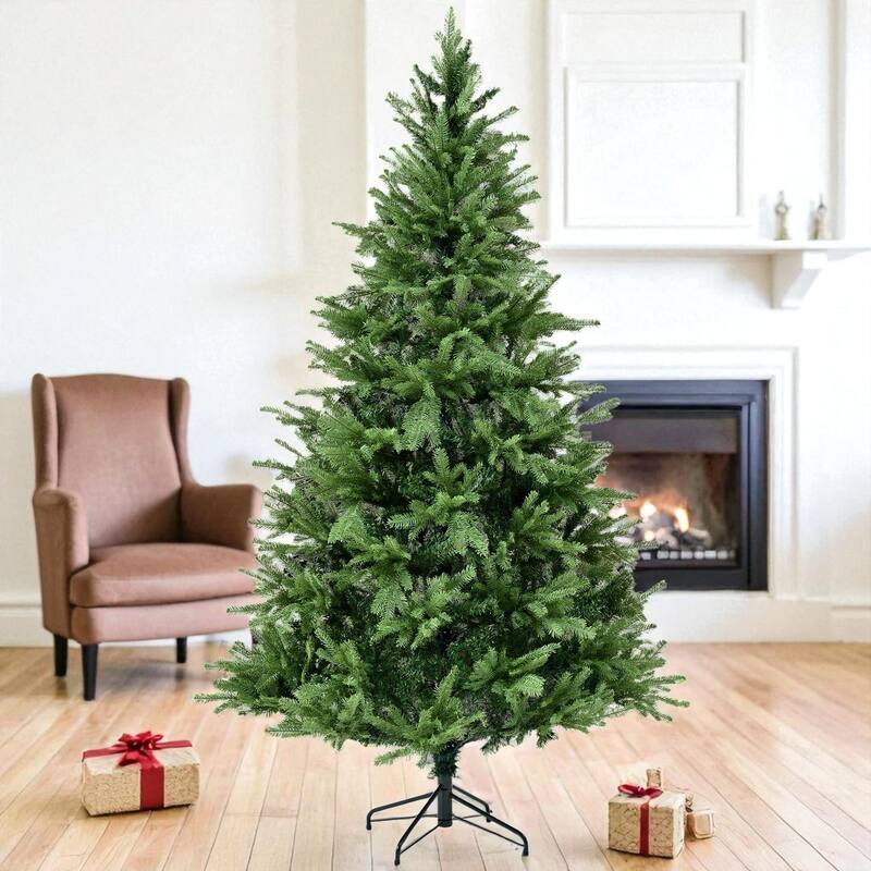 7ft Unlit Artificial Christmas Tree with Hinged Branches, Mixed PE PVC Tips and Metal Base
