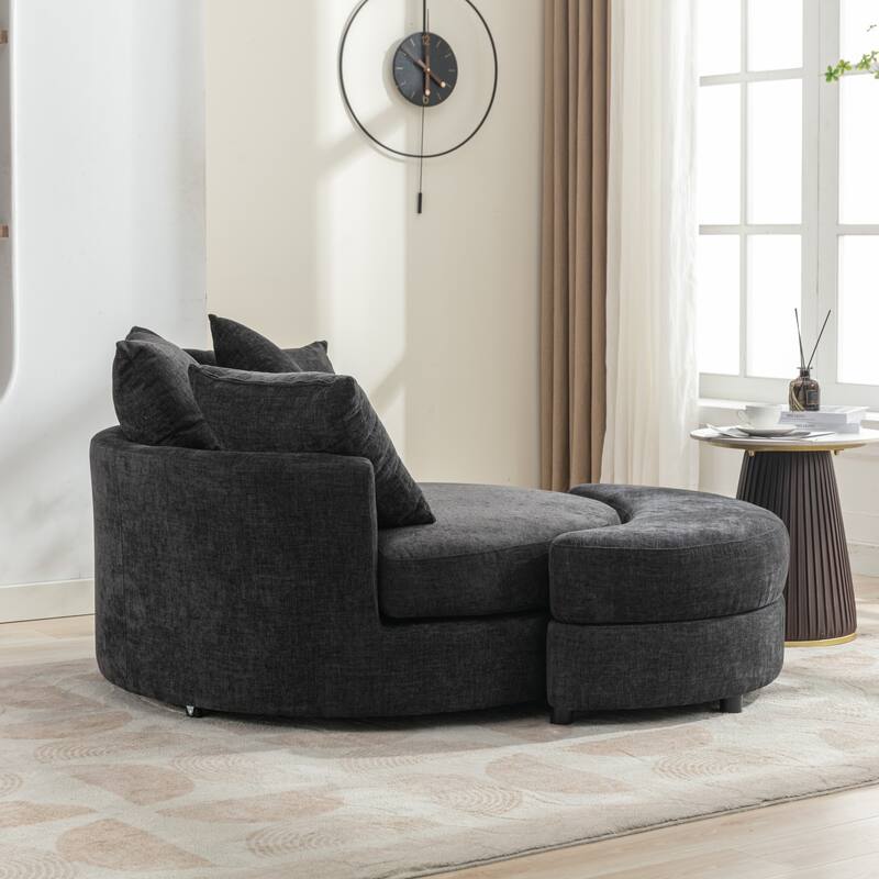 Roomfitters Modern 360° Swivel Barrel Chair with Hidden Storage Ottoman, Chenille Upholstery and Four Pillows