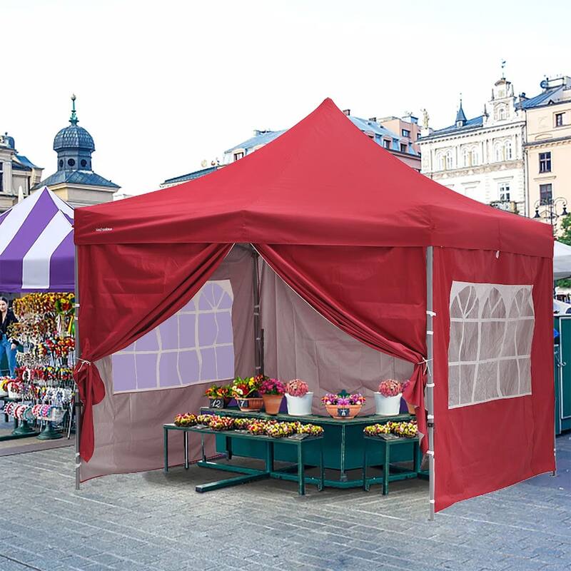 Zenova 10x10 Pop Up Canopy Tent Instant Folding Shelter With 4 Sidewalls with Free Mosquito Net - Red-new