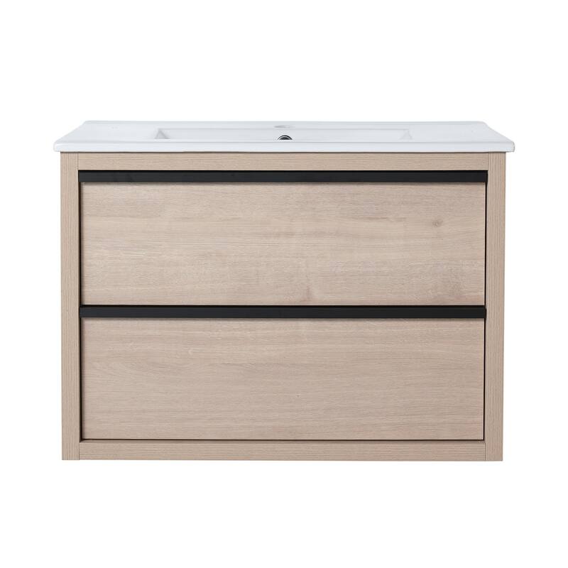 Wall-Mounted Plywood Bathroom Vanity Set in Plain Light Oak with Integrated Sink