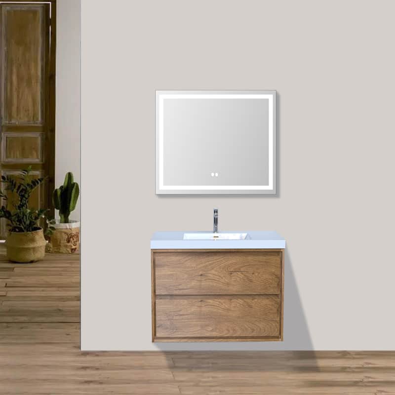 Sage 24" wall mounted bathroom vanity with single basin acrylic top - 24 - teak oak