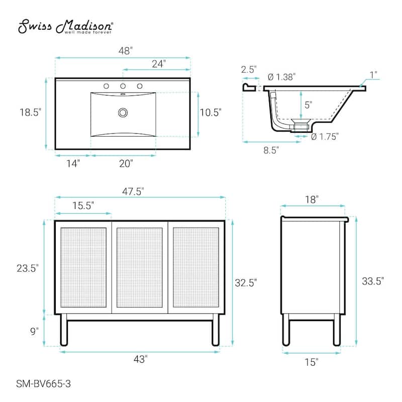 Swiss Madison SM-BV665-3 Classe 48" Free Standing Single Basin Vanity