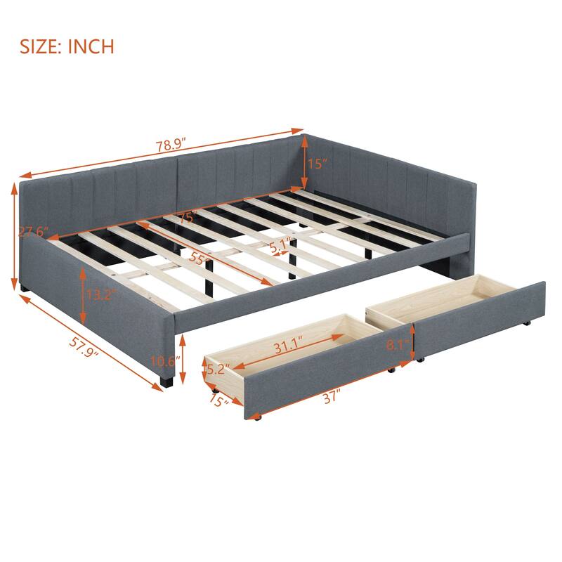 L-Shaped Backrest Daybed Upholstered Daybed Frame Classic Wood Slats Design with 2 Storage Drawers or Trundle, Full Size