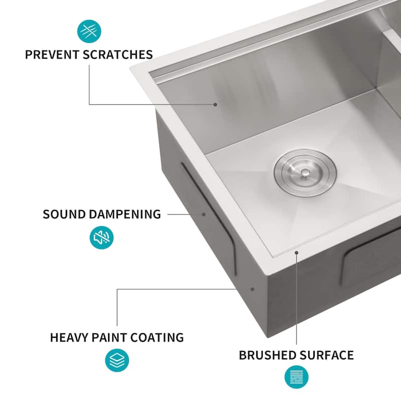 Double Bowl(60/40) Undermount Sink- 33"x19" Double Bowl Kitchen Sink 16 Gauge with Two 10" Deep Basin