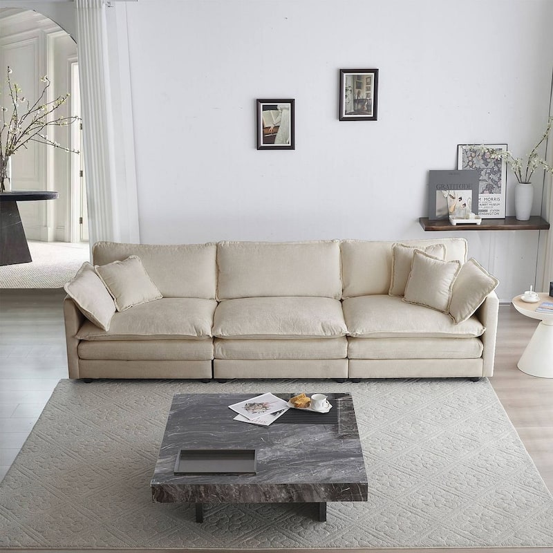 Beige Chenille 3 Seat Sofa with Modular Design and Comfort - 111"l