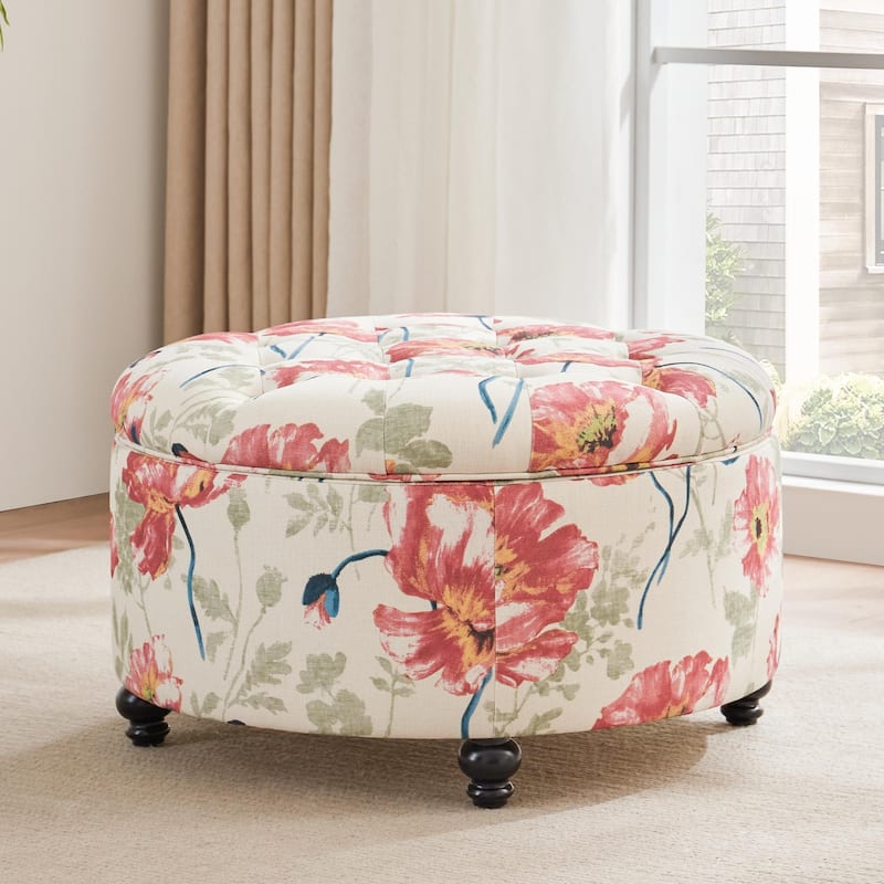 Tufted Large Round Storage Ottoman Footrest Beige/ Grey/ Blue