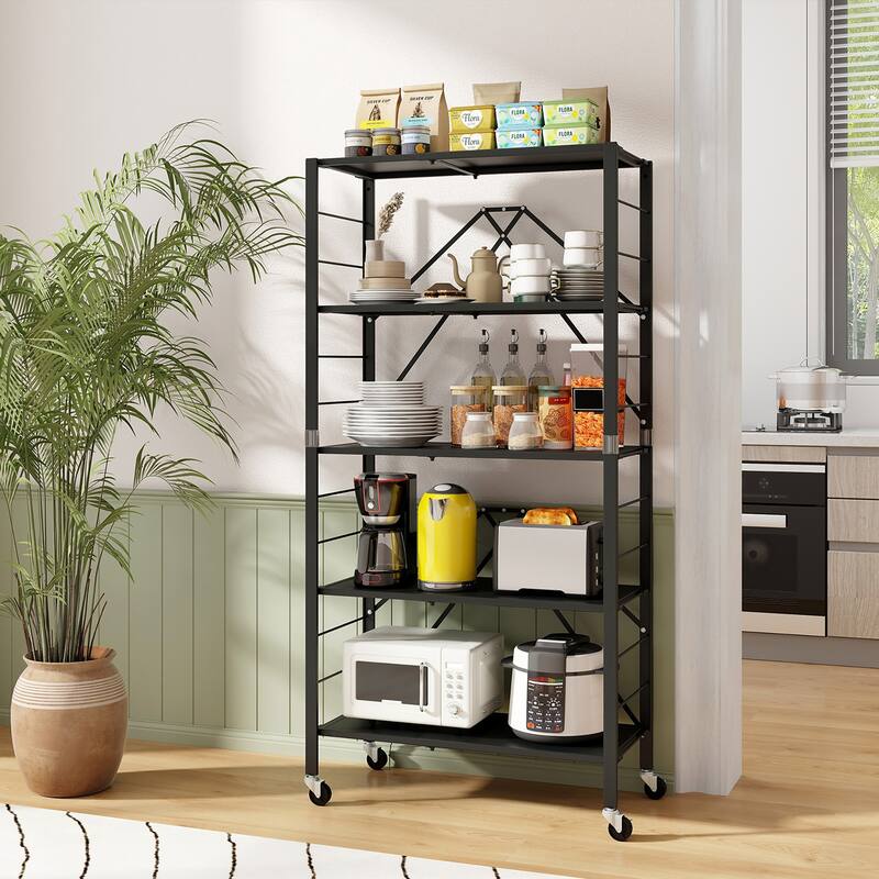 Gymax 5-Tier Foldable Storage Shelf w/ Wheels Adjustable Shelves Metal