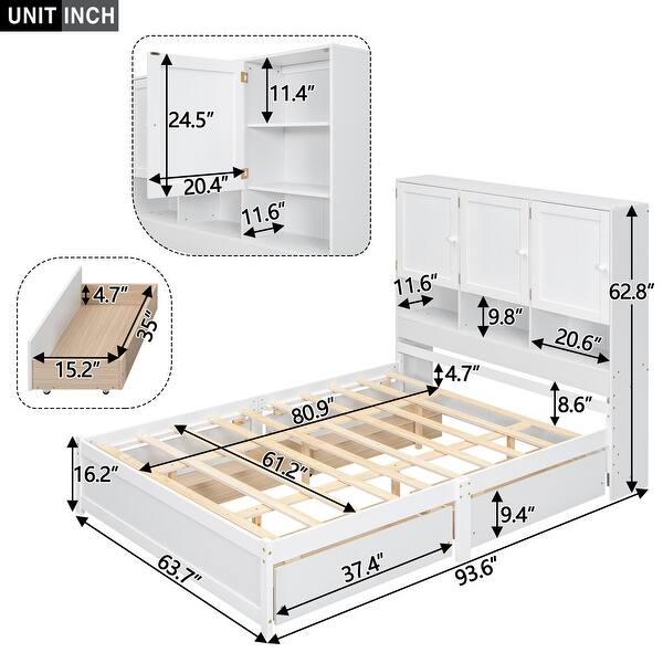 Queen Size Platform Bed with Storage Headboard, 4-Drawers, and Built-in Shelves, Sturdy Pine Wood Kids Bed Frame, White