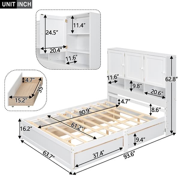 White Queen Size Bed Frame Wooden Platform Bed with Storage Bookcase Headboard and 4 Drawers for Kids Teens Adults, Noise Free