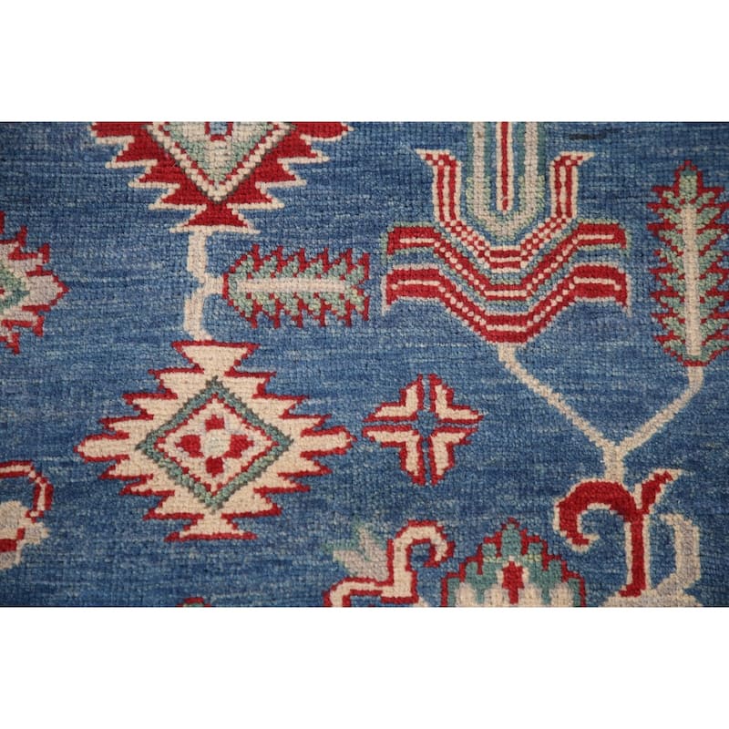 Geometric Kazak Area Rug Hand-Knotted Blue Wool Carpet - 6'7" x 9'8"
