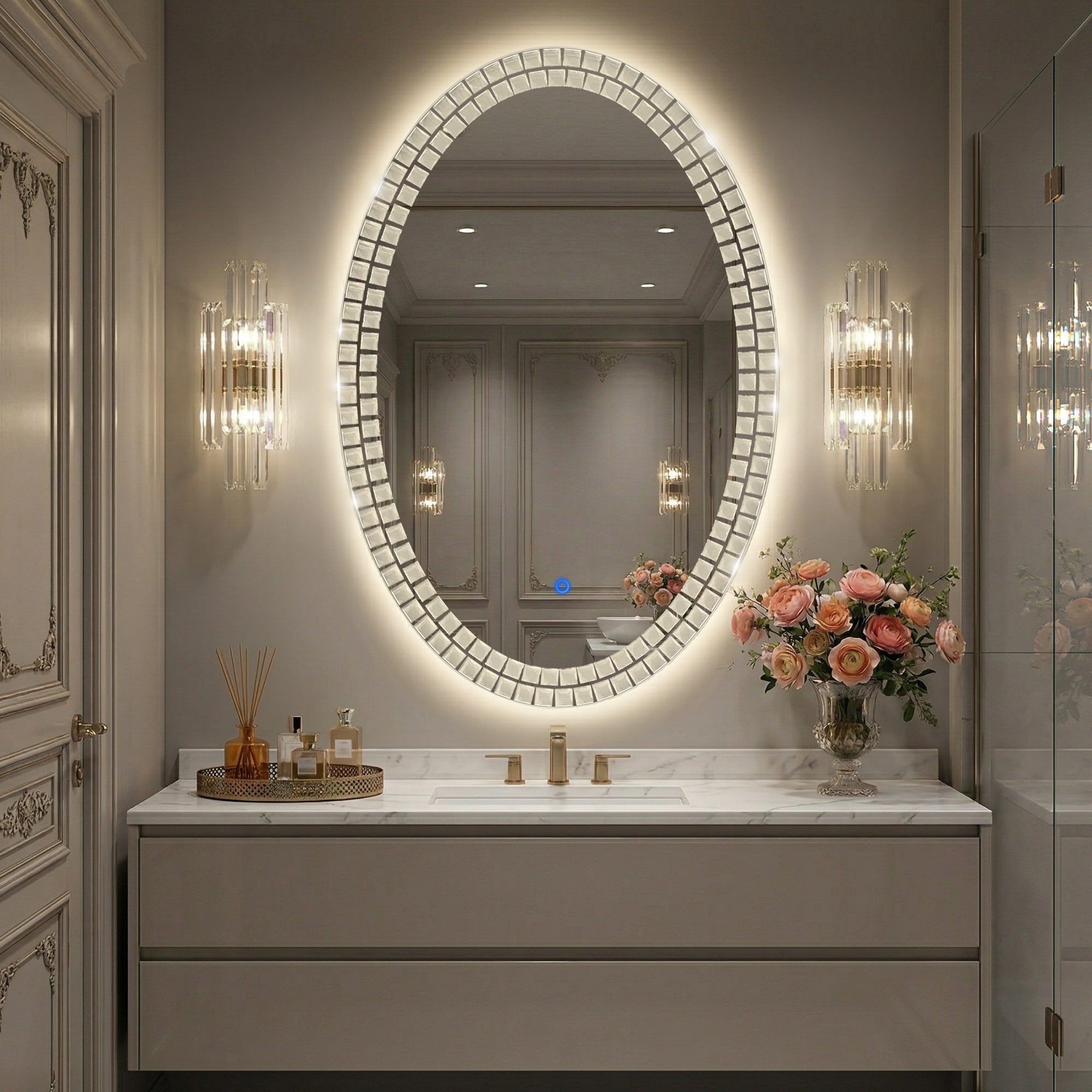 Oval Led Wall Mirror With Crystal Mosaic Accents - 24x36
