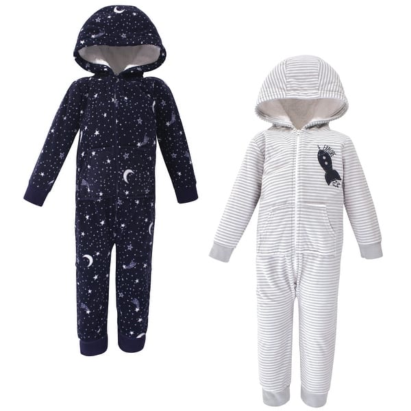 slide 1 of 1, Yoga Sprout Toddler Boy Hooded Fleece Jumpsuits 2pk, Spaceship 2T - Grey/Blue