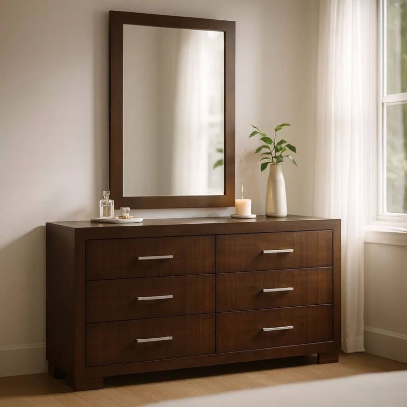 Bela Wide Dresser with Mirror and 6 Drawers, Silver, Cappuccino Brown