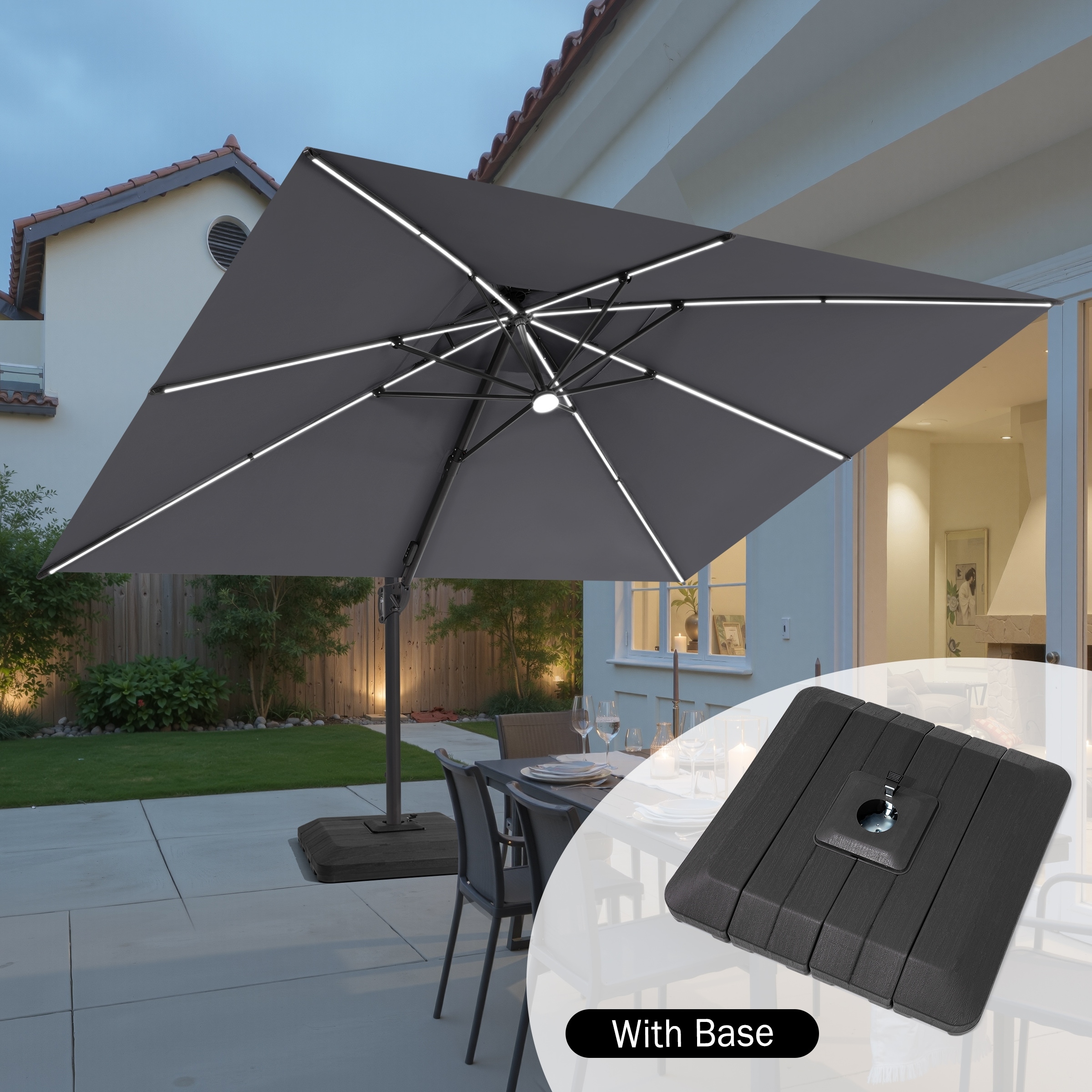 Outdoor 10x13FT Patio Cantilever Umbrella Solar Light Double Top 360 Rotation Tilt with Base
