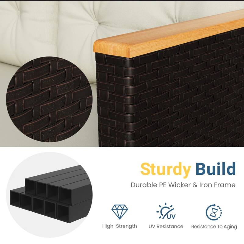 3-Piece L-Shaped Wicker Set with Beige Cushions and Acacia Wood Storage Table