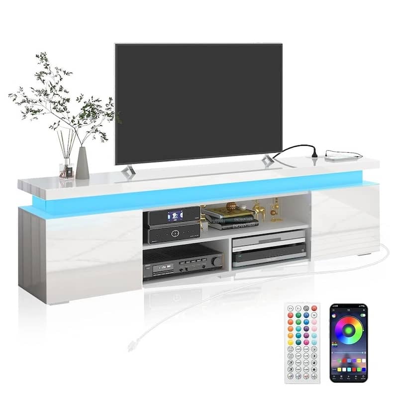 LED TV Stand for 66"TV High Gloss with Storage White - 73 inches in width