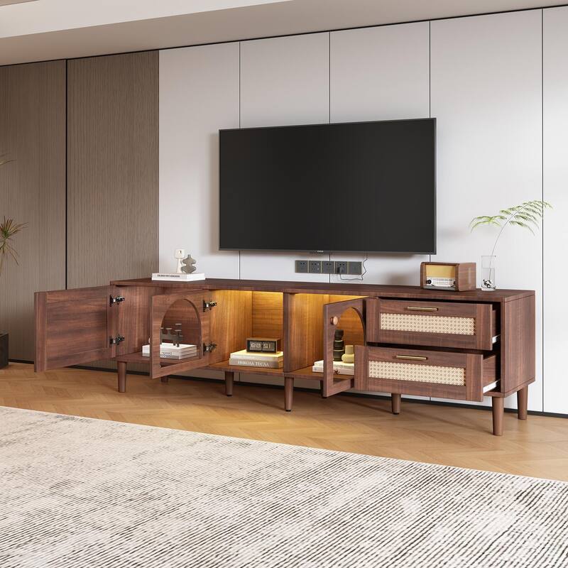 70" TV Stand for TVs up to 80" with App-Controlled LED Lights, 2 Drawers & Glass-Door Storage, Modern Media Console