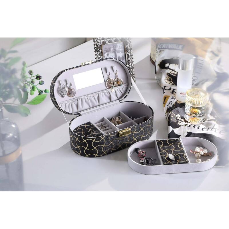 9.5" Long Leather Jewelry Organizer Case with Mirror, Gold Swirl Pattern, Black