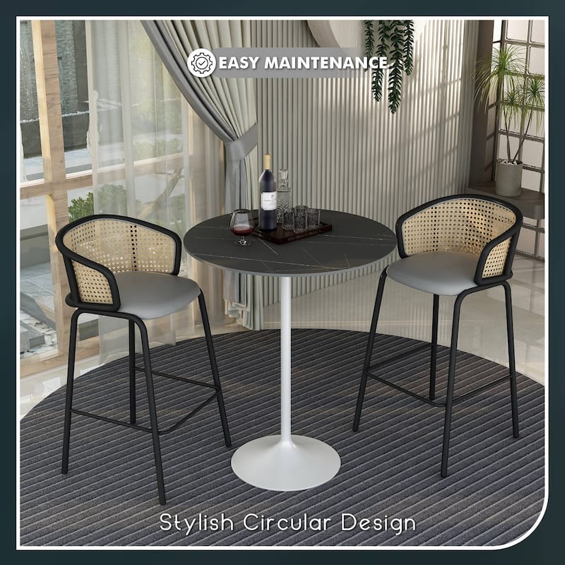 LeisureMod Verve 36" Bar Dining Table with Sintered Stone Round Top in White Steel, White Marbleized