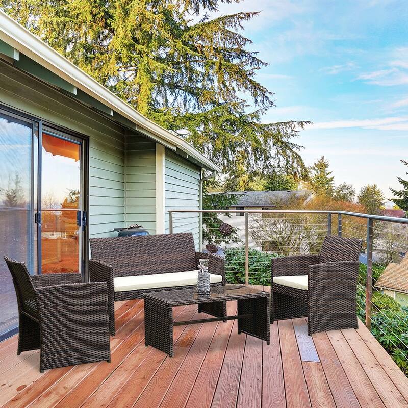 Complete 4-Piece Outdoor Patio Rattan Wicker Furniture Ensemble - 43.5" x 25.5" x 31.0" (L x W x H)