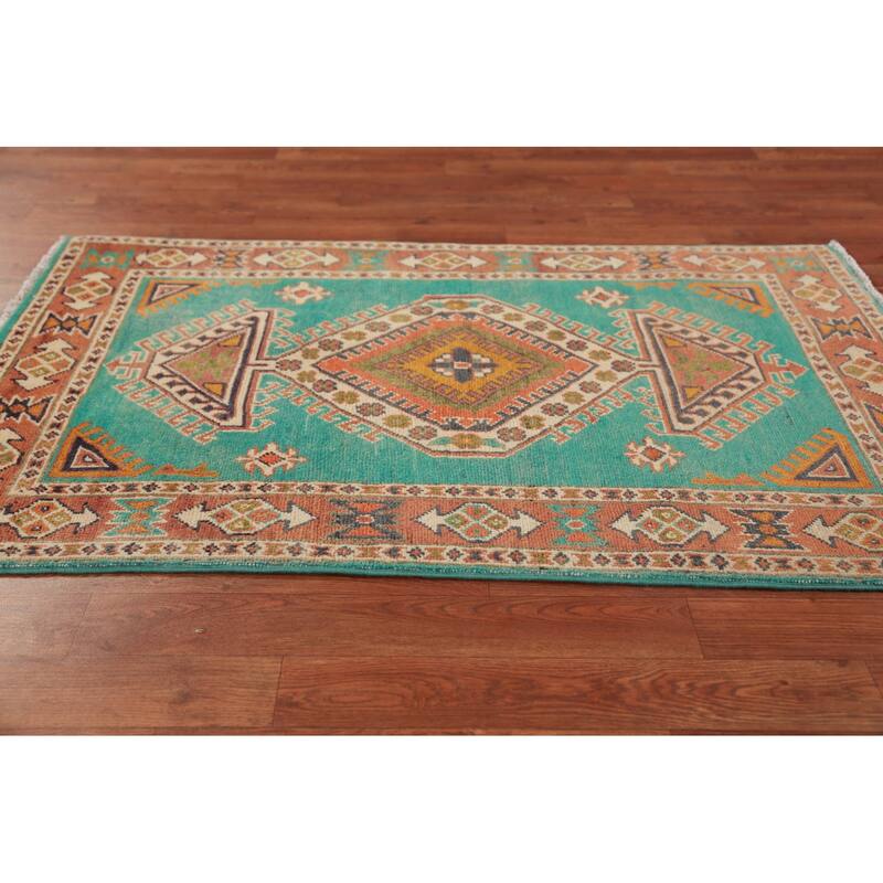 Turquoise Green Kazak Foyer Rug Hand-Knotted Wool Carpet - 2'9"x 4'2"