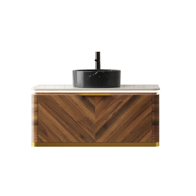 Floating Bathroom Vanity with Sintered Stone Top and Black Ceramic Round Basin