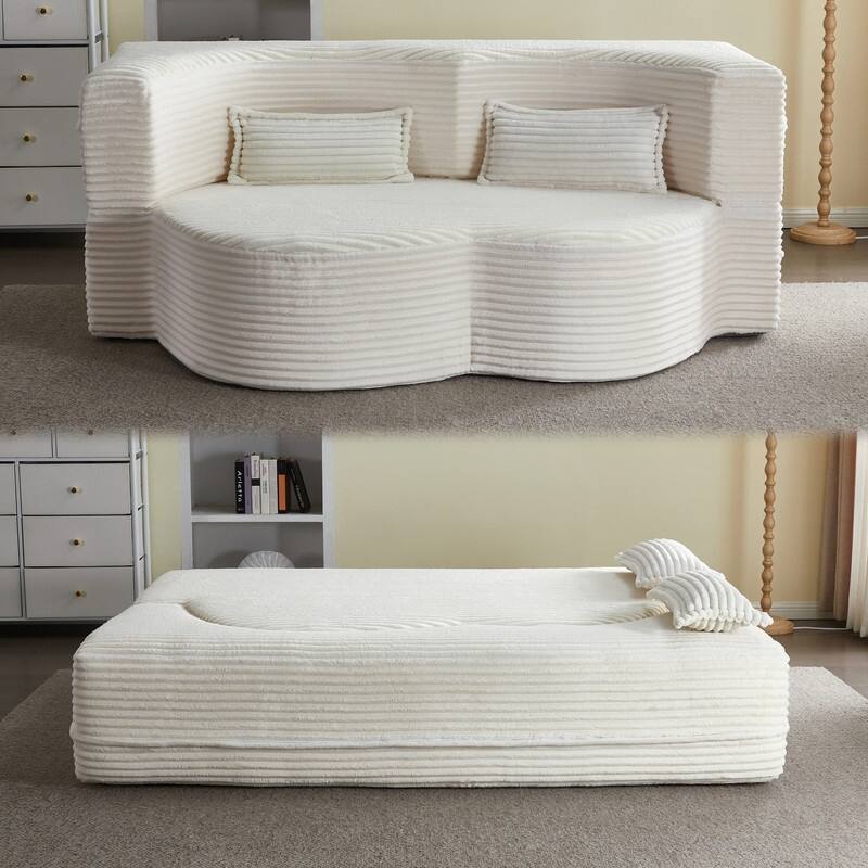 Modern 78" Full Size Convertible Corduroy Foam-Filled Sleeper Sofa,Modern Floor Sofa with 2 Pillows