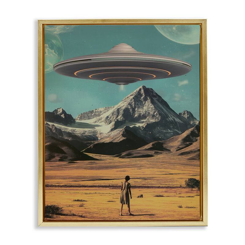 Stupell Woman with Overhead UFO Framed Floater Canvas Wall Art Design By Wumples - 25 x 31 - Gold