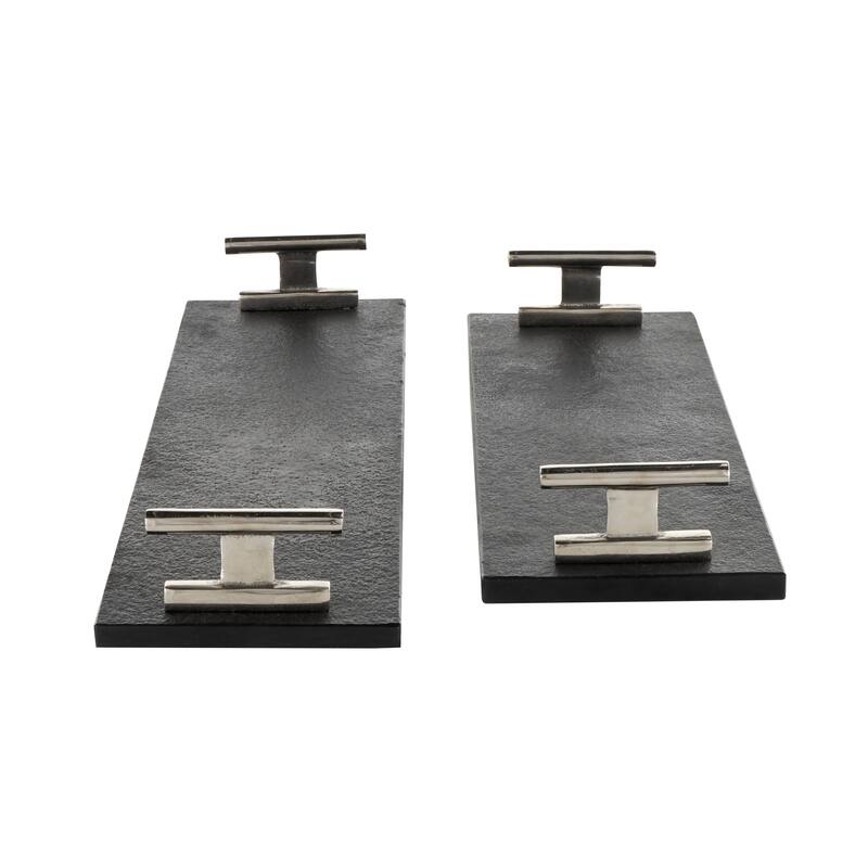 Black Marble Textured Living Room Decor Tray with Silver or Black Rod Handles (Set of 2)