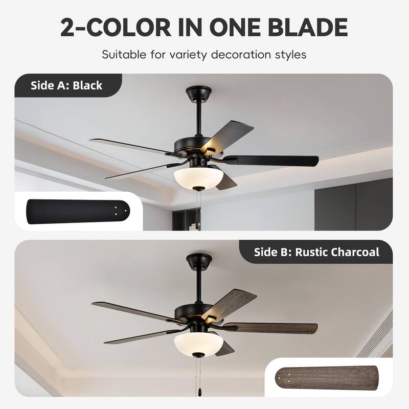 Matte Black 52 in. Indoor 5-Blade Reversible Ceiling Fan with Light Kit and Pull Chain