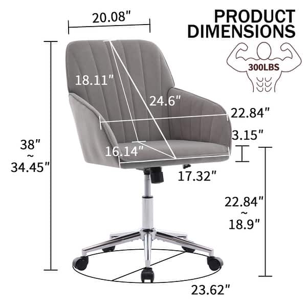 dimension image slide 3 of 6, Velvet Home Office Chair, Ergonomic Swivel Study Desk Chair, Upholstered Vanity Chair with Backrest Seat and Metal Base
