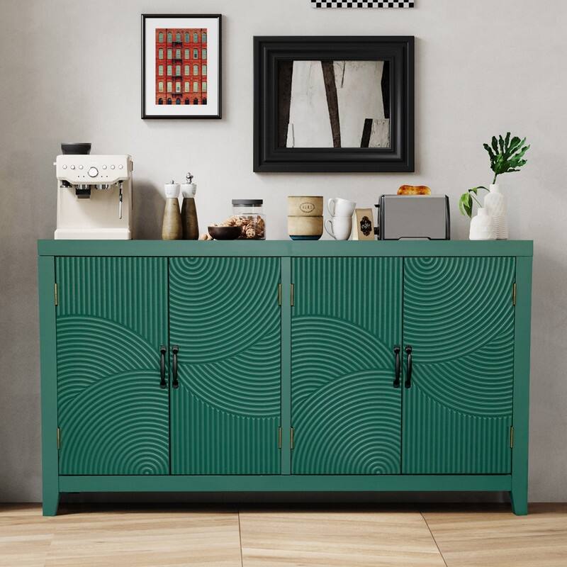 Mid Century Modern 4-Door Wood Buffet and Media Console Cabinet - Green