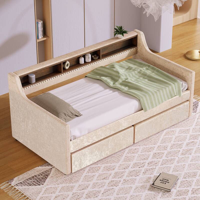 Velvet Daybed with Two Storage Drawers and Built-in Storage Shelves