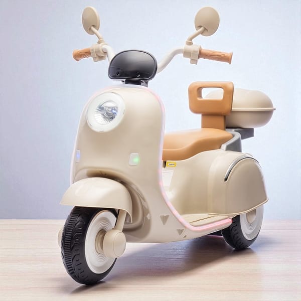 slide 2 of 21, 12V Three-Wheeled Kids Electric Motorcycle with LED Lights, Dual Motor, Spacious Storage, Bluetooth, for 3-6 Years Beige