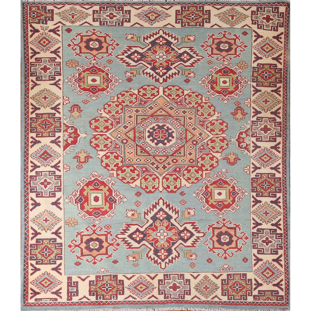 Geometric Blue Kazak Area Rug Handmade Wool Carpet - 4'11" x 5'11"