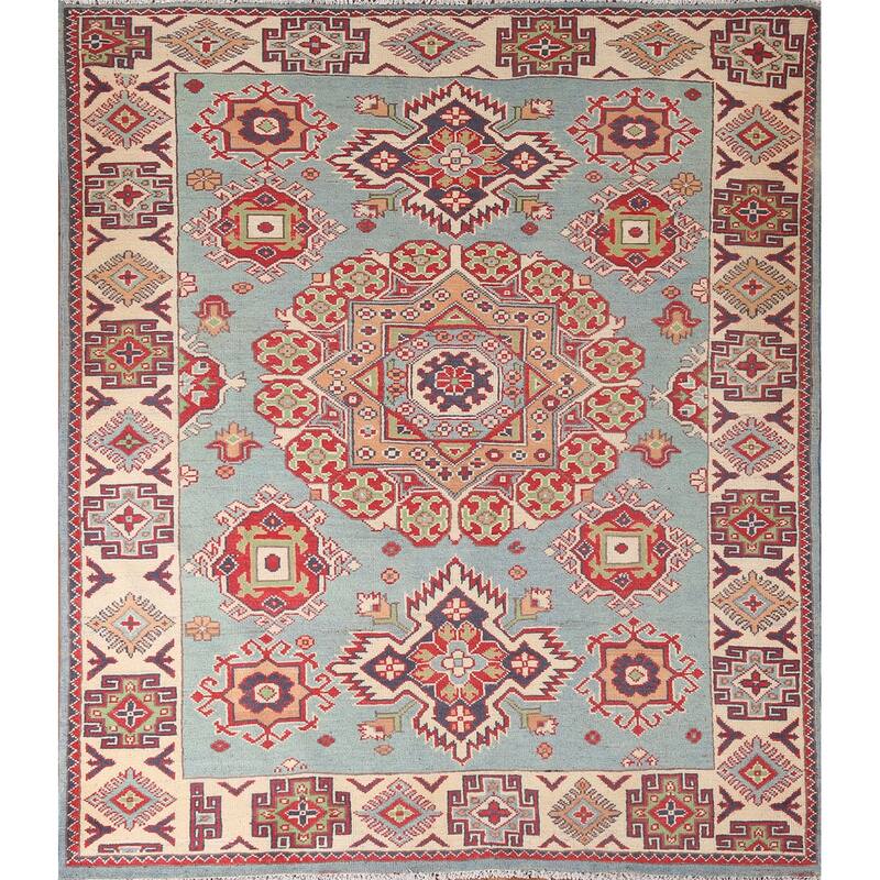 Geometric Blue Kazak Area Rug Handmade Wool Carpet - 4'11" x 5'11"