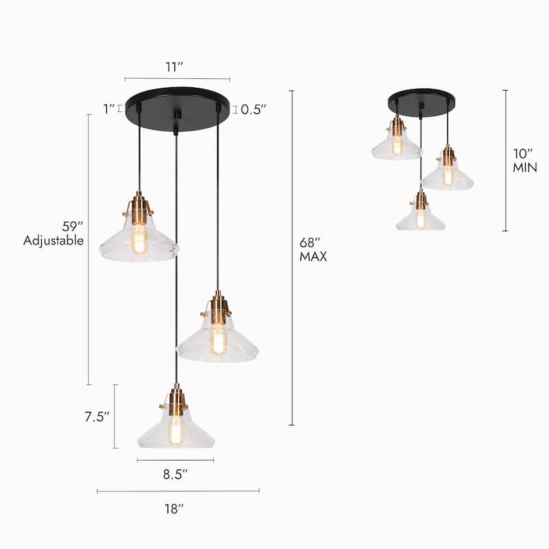 Modern Farmhouse 3-Light Cluster Glass Pendant Kitchen Island Adjustable Ceiling Light - 18"W x 18"D x 10" - 68"H