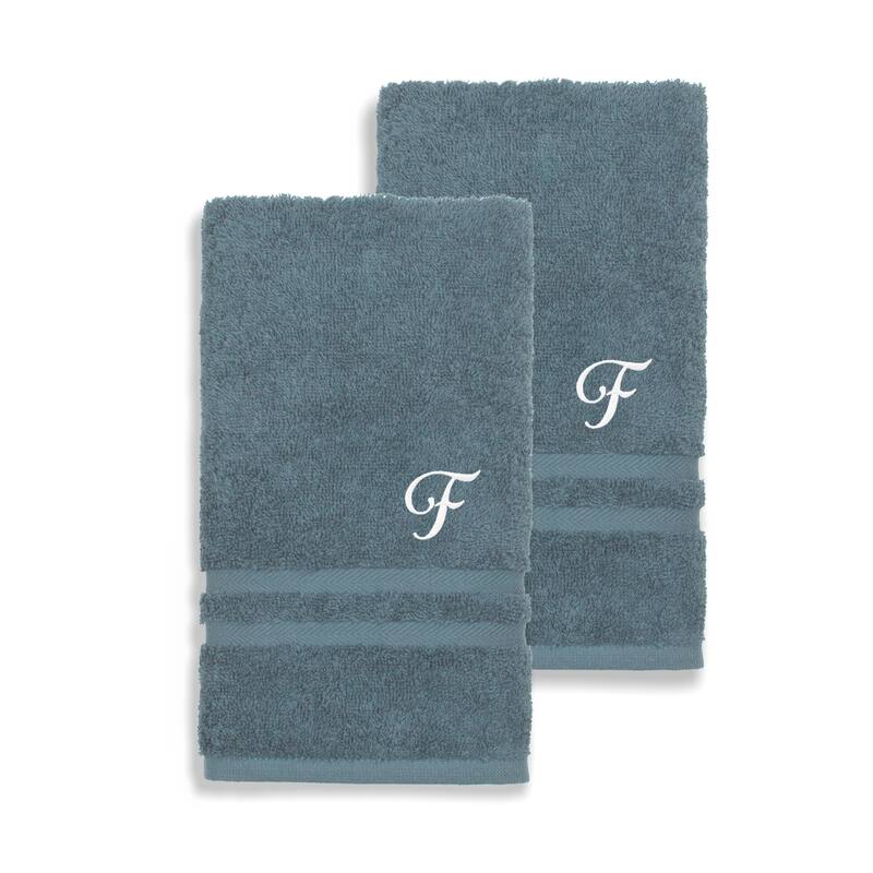 Authentic Hotel and Spa Omni Turkish Cotton Terry Set of 2 Medium Blue Hand Towels with White Script Monogrammed Initial - F